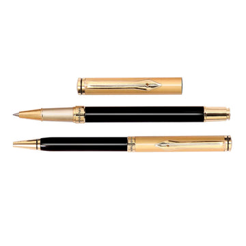 Aaparya Premium Pair of Ball Pen & Roller Pen, APVivo Gold & Black Full Brass Slim Body Luxury Pen with Genuine Leather Cover for Gift