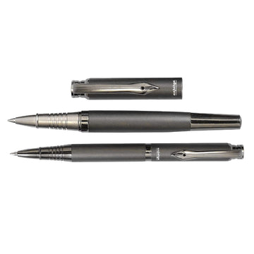 Aaparya Premium Pair of Roller Pen & Ball Pen, Qutiq Grey Gunmetal Full Brass Body Luxury Pen with Leather Cover for Gifting