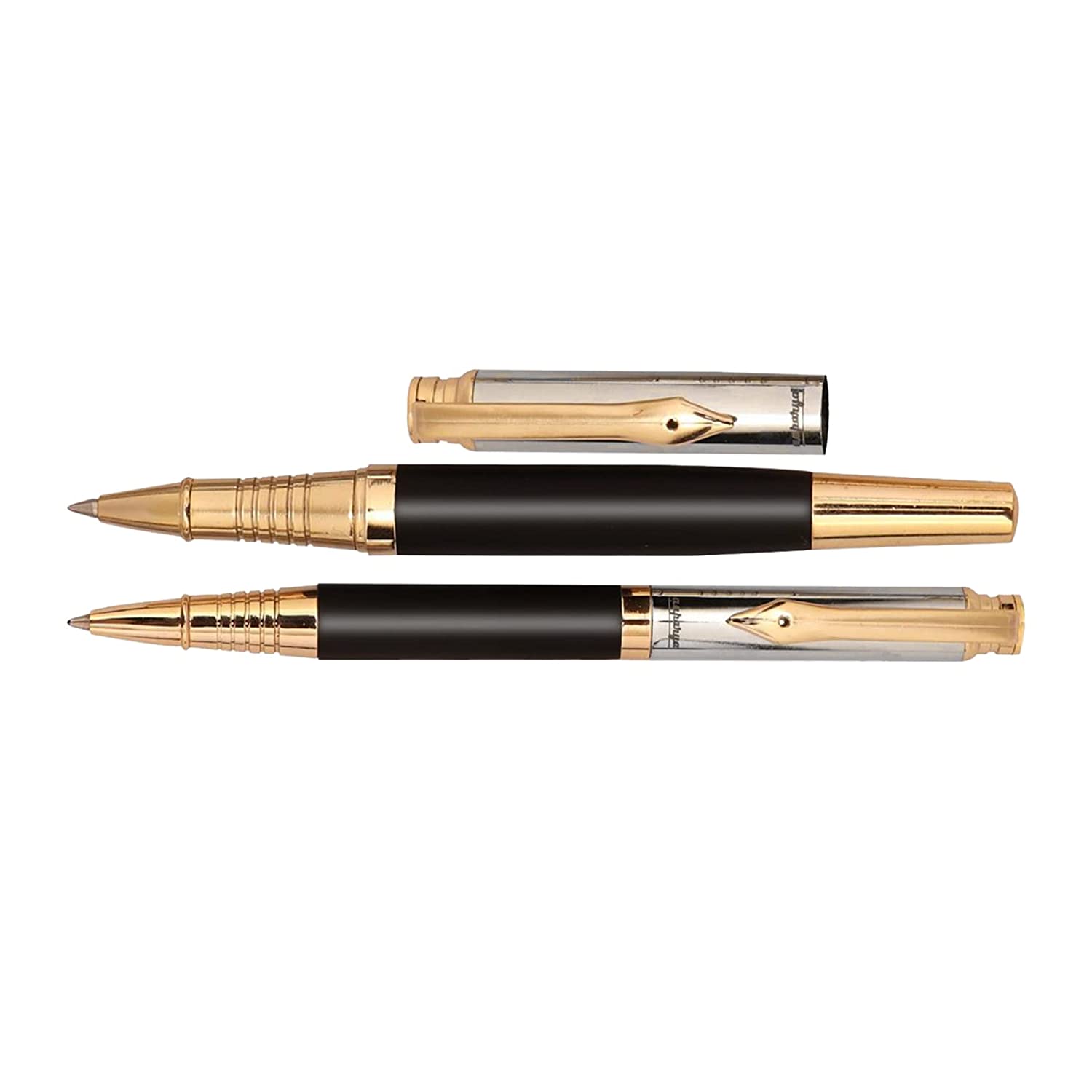 Aaparya Premium Pair of Ball Pen & Roller Pen, Qutiq Gold & Black Full Brass Slim Body Luxury Pen for gift with Genuine Leather Cover