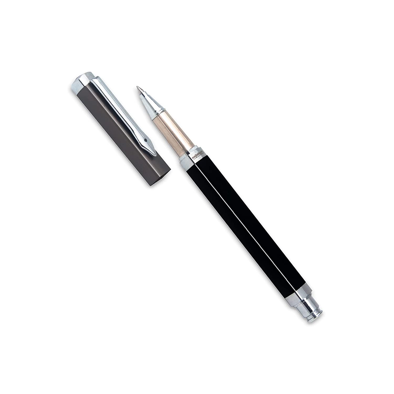 Premium Square Roller Pen, Black Shinning Color Body with Gun Metal Cap & Brass Body, Luxury Pen for gift with Genuine Leather Cover