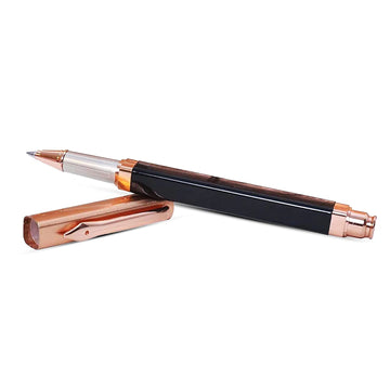Aaparya Premium Designer Roller Pen, Rose Gold with Black Full Brass Luxury Pen for gift with Genuine Leather Cover, An ideal Pen Gift Set for Men