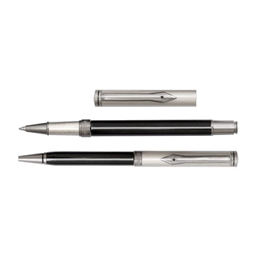 Aaparya Premium Pair of Roller Pen & Ball Pen, APVivo Grey Gunmetal & Black Full Brass Slim Body Luxury Pen with Leather Cover for Gifting